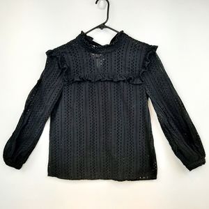 Madewell Womens Black Eyelet Mock Neck Ruffle Blouse Top Balloon Sleeve Size XXS